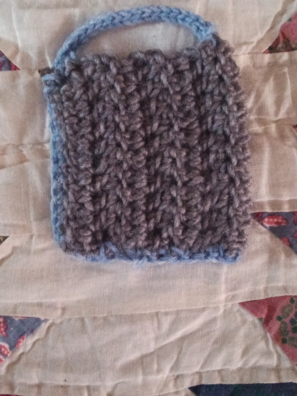 Hand Made Grey Crochet Soap Handbag with Light Blue Edges